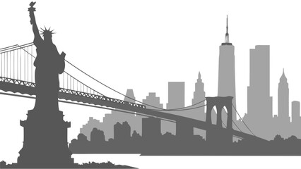 Silhouette of a City Skyline with a Famous Statue and Bridges.