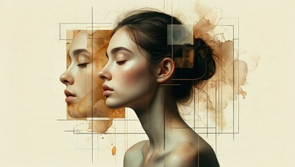Pensive Woman Portrait with Abstract Overlay - Serene Reflection and Artistic Expression