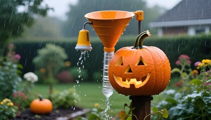 A Halloween carved pumpkin lantern with a smiling face sits in a garden during a rainy autumn day next to a rain gauge