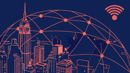 Smart City Connected Buildings Network Technology Urban Skyline Wireless Communication Digital City IoT Internet of Things Global Network Cityscape Modern Architecture High-Rise Buildings Urban Devel.