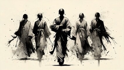 Five Figures in Traditional Japanese Clothing - Dynamic Ink Wash Painting