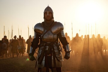 Medieval Knight in Full Armor Standing Before Army at Sunset