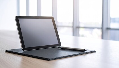 Fototapeta premium Black Tablet and Stylus on Slate Pad on Light Wood Desk in Bright Office