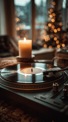 Naklejka premium Cozy evening scene with lit candle on vintage record player with christmas tree lights bokeh in warm ambient lighting 