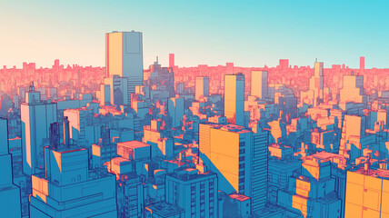 Obraz premium 摩天楼と冬の雪景色を融合させた都市のイラスト。高層ビルの窓明かりと白く輝く雪が対比し、冷たさの中に温もりを感じる冬らしい情景を表現。幻想的な都会の冬の姿を描いた作品。