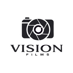 Vision Films camera logo with aperture lens for film production and photography business branding