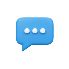 A three-dimensional blue speech bubble with three white dots inside, representing communication and dialogue in a digital context.