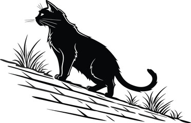 Elegant Black Cat Silhouette Amidst Abstract Vegetation A Striking Feline Art Piece