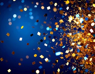 Explosion of colorful confetti against a dark blue festive background