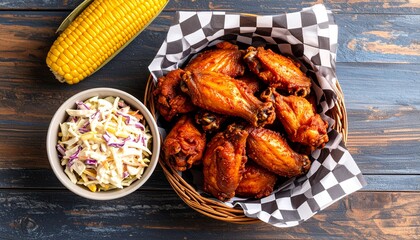 Delicious BBQ Chicken Wings with Coleslaw and Corn on the Cob