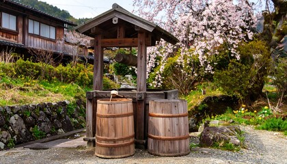 Fototapeta premium Wooden well in a Japanese village with cherry blossoms