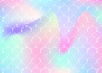 Holographic scale background with gradient mermaid. Bright color transitions. Fish tail banner and invitation. Underwater and sea pattern for girlie party. Iridescent backdrop with holographic scale.