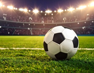 Fototapeta premium Traditional soccer ball on soccer field 