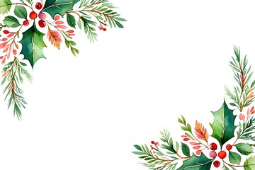 Watercolor christmas floral corner decorations with holly berries and pine needles
