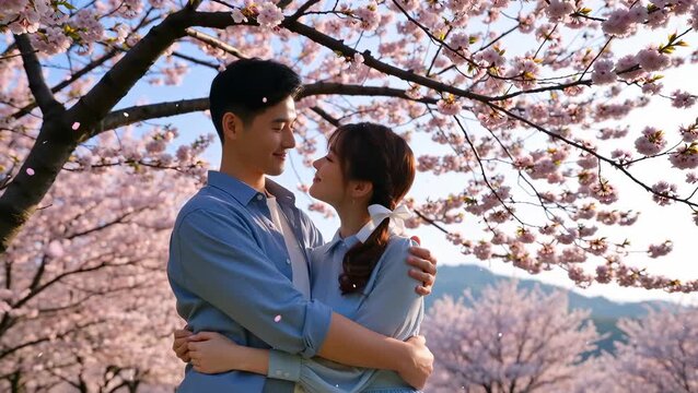 Romantic Young Asian Couple Embracing Under Cherry Blossom Trees in Spring