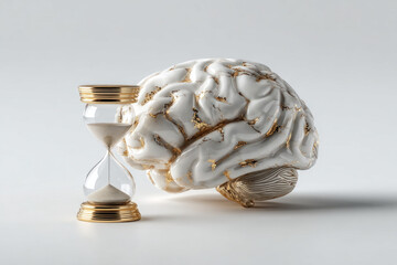 Abstract brain sculpture with gold accents beside a glass hourglass, symbolizing time, thought, and creativity in a clean minimalist setting, posed on a neutral surface.