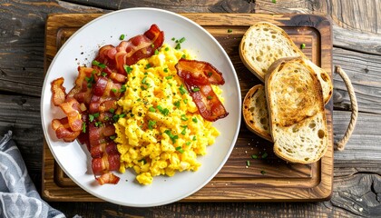 Scrambled eggs with crispy bacon and toasted bread, a classic breakfast meal