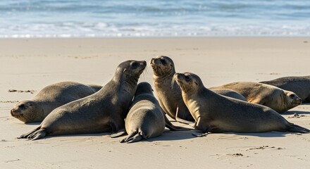 Fototapeta premium Seals Relaxing and Socializing on Beach