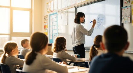 Modern Elementary Classroom with Teacher Explaining Math on Interactive Whiteboard to Engaged Students
