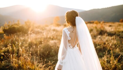 Bride in a field at sunset