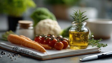 Fresh produce and culinary essentials on a notebook