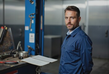 Fototapeta premium Equipment repair coordinator standing beside the service area, focused and professional