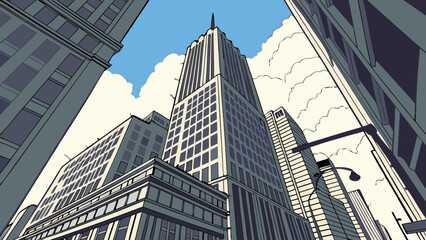 Naklejka premium Upward View of Skyscrapers and Cityscape Modern Urban Architecture Illustration Blue Sky Clouds Background.