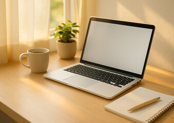 Fototapeta premium 노트북과 커피가 있는 따뜻한 햇살의 작업 공간 Cozy Workspace with Laptop and Coffee by the Window