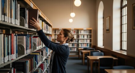 Focused Woman Choosing Book from Library Shelf for Education and Research