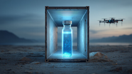 Drone delivery of a vaccine in a futuristic cold chain container to a remote location.