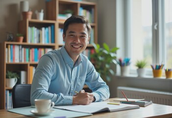 Obraz premium Parent smiling at a children's study corner near a desk and bookshelf