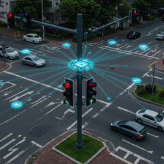 Traffic light and network lines illustrate seamless connectivity, creating sense of intelligent control and tech enhanced urban landscape
