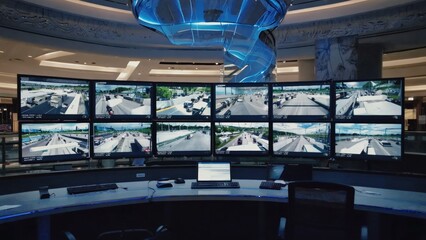 High-tech surveillance control room with multiple monitors showing live traffic footage, representing real-time monitoring, public safety, urban security systems, intelligent transportation management
