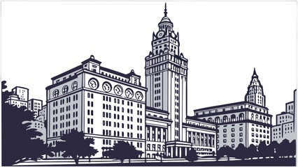 Fototapeta premium Vintage Cityscape Illustration Tall Buildings Clock Tower Urban Skyline Black and White Drawing.