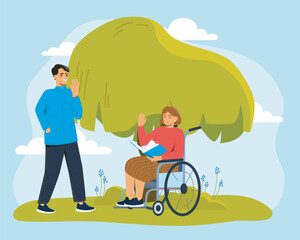 Woman on wheelchair resting outdoors. Young girl with book in her hands talks to guy in park. Person with disability walking on nature. Flat vector illustration