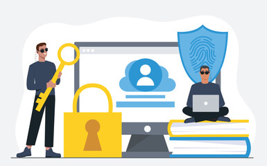 Cyber security concept. Men with golden key and lock. Protecting personal data on Internet. Cybersecurity from cyber crime. Online danger and threat. Flat vector illustration