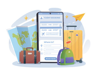 Flight booking concept. Smartphone near map and luggage. Preparation for travel and tourism. Holiday and vacation, journey. Suitcase and baggage. Flat vector illustration