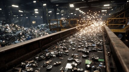 A conveyor belt in a recycling facility transports disassembled EV motors where technicians are extracting neodymium magnets with specialized tools featuring piles of shredded metal