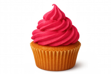 Single cupcake with vibrant pink frosting isolated on a transparent background, perfect for food and bakery related projects