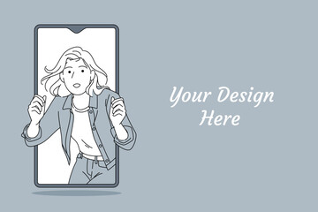 Curious Woman Peeking Out of Smartphone Screen – Digital Discovery Concept