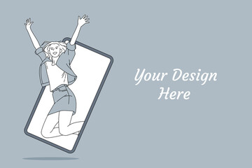Excited Woman Jumping Out of Smartphone Screen – Freedom in Digital World
