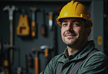 Utility service specialist smiling confidently beside equipment storage area