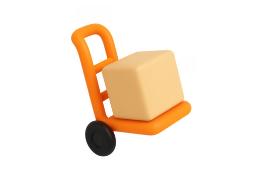 Hand truck carrying a cardboard box on transparent background