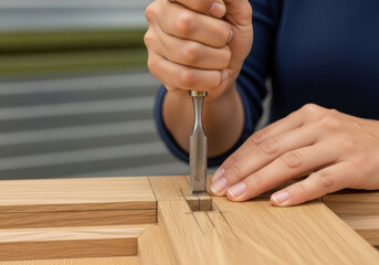 Focused person precisely chiseling square mortise by hand in wood, demonstrating careful joinery skills and craftsmanship in woodworking workshop