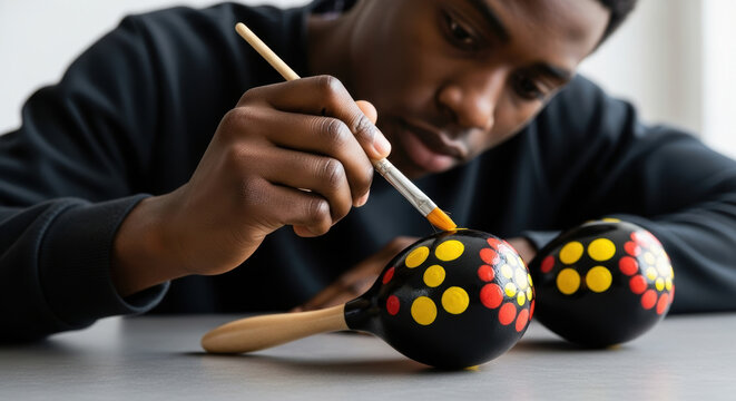 Focused young artist painting colorful dot patterns on black wooden maracas with small brush, creating unique handcrafted musical instruments for cultural expression and art - Powered by Adobe