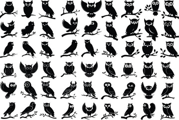 Owl Perched on Branch Silhouette Icon Vector Set Forest Owl Sitting on Tree Branch Black Silhouette Design