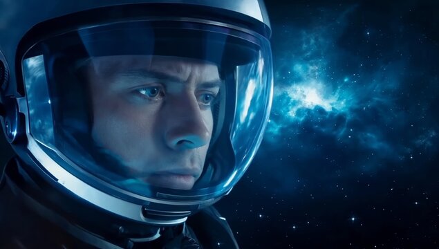 Focused male astronaut in a space helmet gazes into a glowing nebula, representing space exploration, futuristic science, cosmic discovery, human advancement, virtual technology, interstellar missions - Powered by Adobe