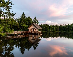 Fototapeta premium Lakeside cabin at sunset