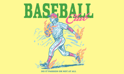Baseball Club. Vintage artwork of flaming baseball player for t shirt print, poster, sticker. Retro sports league vector graphic.