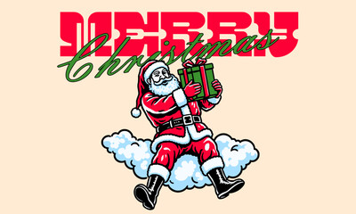 Vintage illustration of Santa Claus on a cloud. Retro Christmas artwork with a gift for holiday card, t shirt print